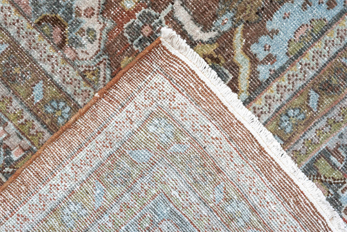 9' x 12' one-of-a-kind handmade antique Mahal large size rug. Color palette: rust, celadon, charcoal, ivory, sage