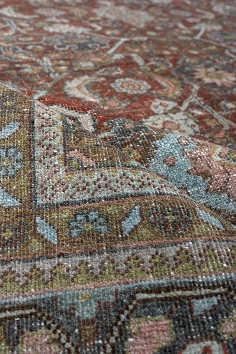 9' x 12' one-of-a-kind handmade antique Mahal large size rug. Color palette: rust, celadon, charcoal, ivory, sage