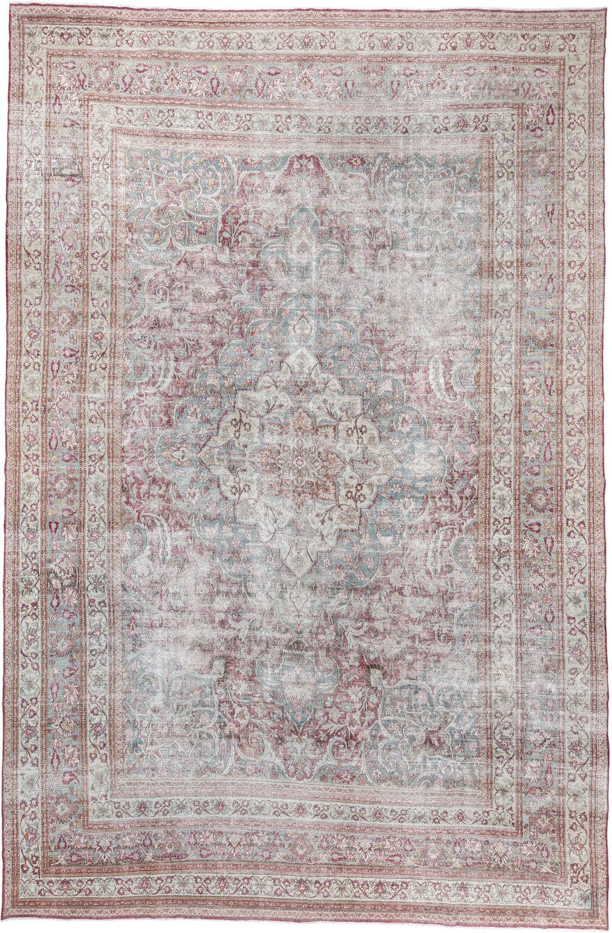 11' x 17' one-of-a-kind handmade antique Khorassan oversize rug. Color palette: ivory, powder blue, dusty rose, burgundy