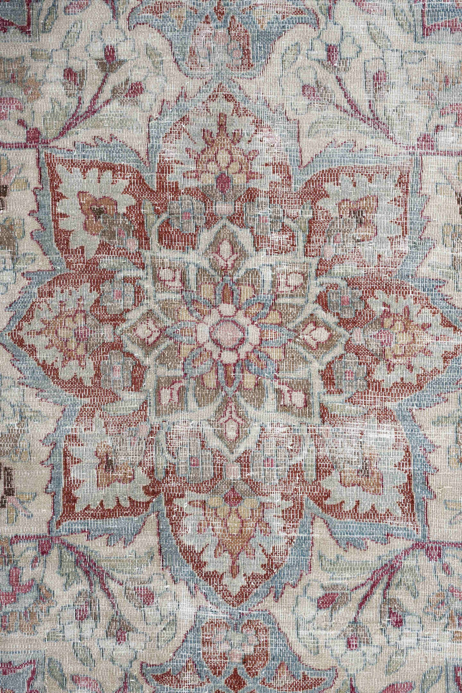 11' x 17' one-of-a-kind handmade antique Khorassan oversize rug. Color palette: ivory, powder blue, dusty rose, burgundy