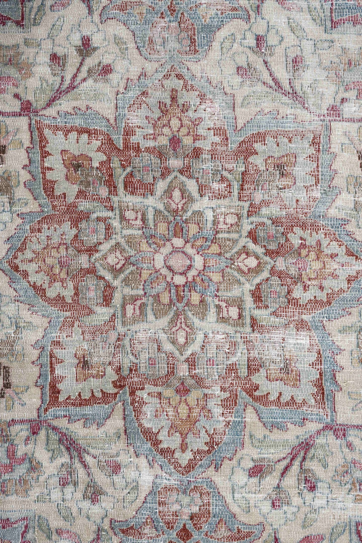 11' x 17' one-of-a-kind handmade antique Khorassan oversize rug. Color palette: ivory, powder blue, dusty rose, burgundy