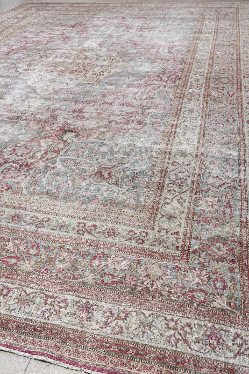 11' x 17' one-of-a-kind handmade antique Khorassan oversize rug. Color palette: ivory, powder blue, dusty rose, burgundy