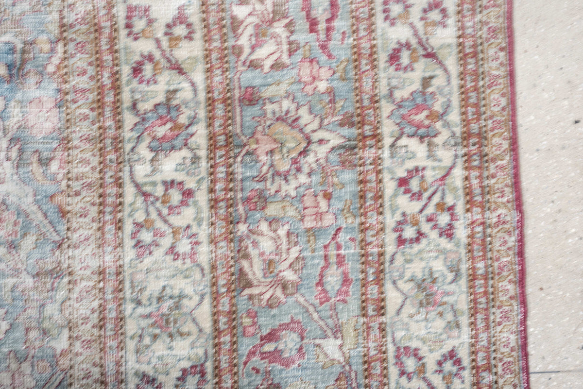 11' x 17' one-of-a-kind handmade antique Khorassan oversize rug. Color palette: ivory, powder blue, dusty rose, burgundy