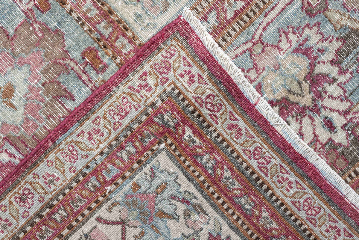 11' x 17' one-of-a-kind handmade antique Khorassan oversize rug. Color palette: ivory, powder blue, dusty rose, burgundy