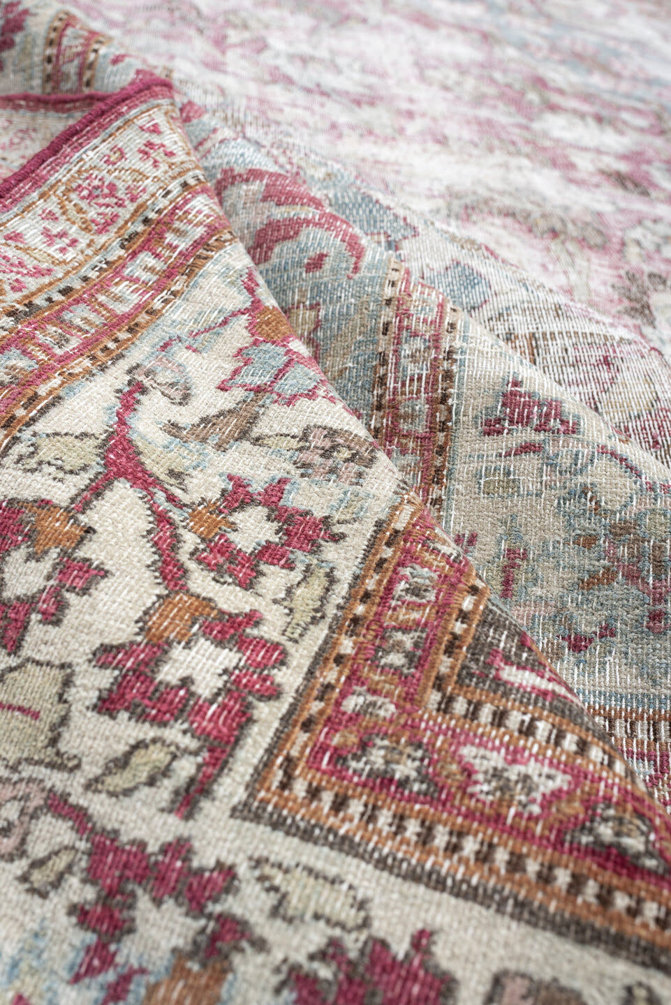 11' x 17' one-of-a-kind handmade antique Khorassan oversize rug. Color palette: ivory, powder blue, dusty rose, burgundy