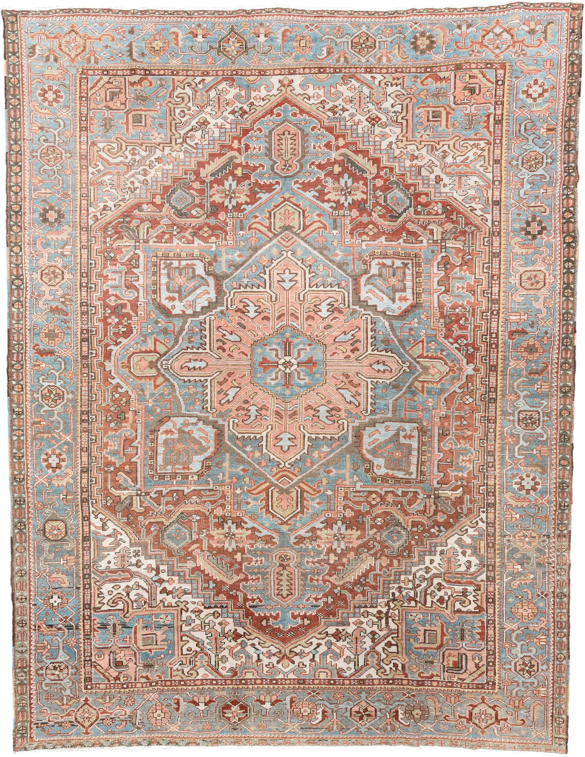 8' x 11' one-of-a-kind handmade antique Karaje large size rug. Color palette: sky blue, terracotta, ivory, rust, dusty rose
