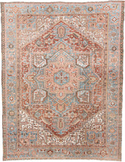 8' x 11' one-of-a-kind handmade antique Karaje large size rug. Color palette: sky blue, terracotta, ivory, rust, dusty rose