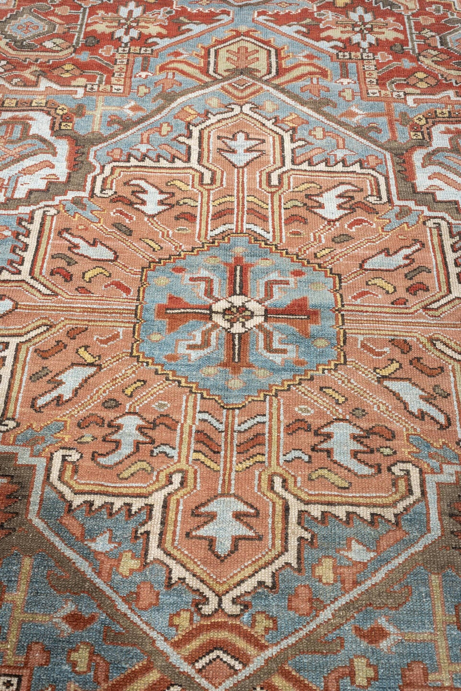 8' x 11' one-of-a-kind handmade antique Karaje large size rug. Color palette: sky blue, terracotta, ivory, rust, dusty rose