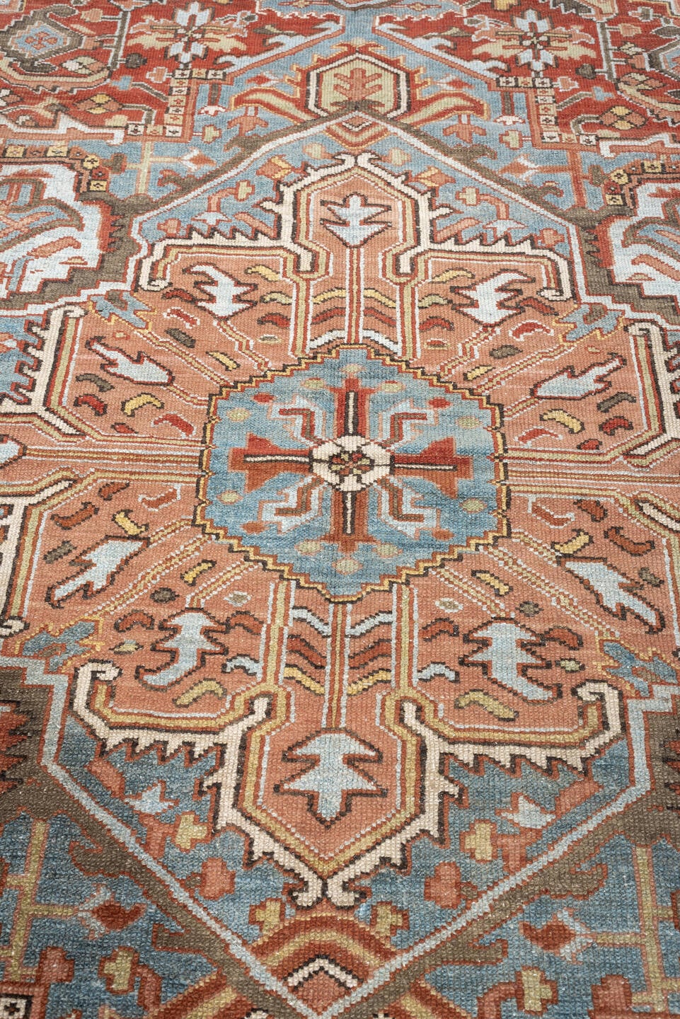8' x 11' one-of-a-kind handmade antique Karaje large size rug. Color palette: sky blue, terracotta, ivory, rust, dusty rose