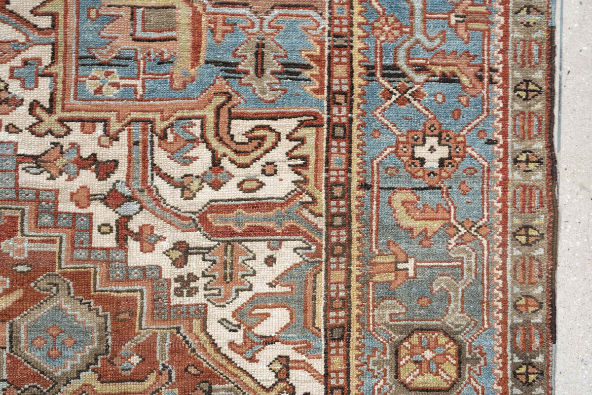 8' x 11' one-of-a-kind handmade antique Karaje large size rug. Color palette: sky blue, terracotta, ivory, rust, dusty rose