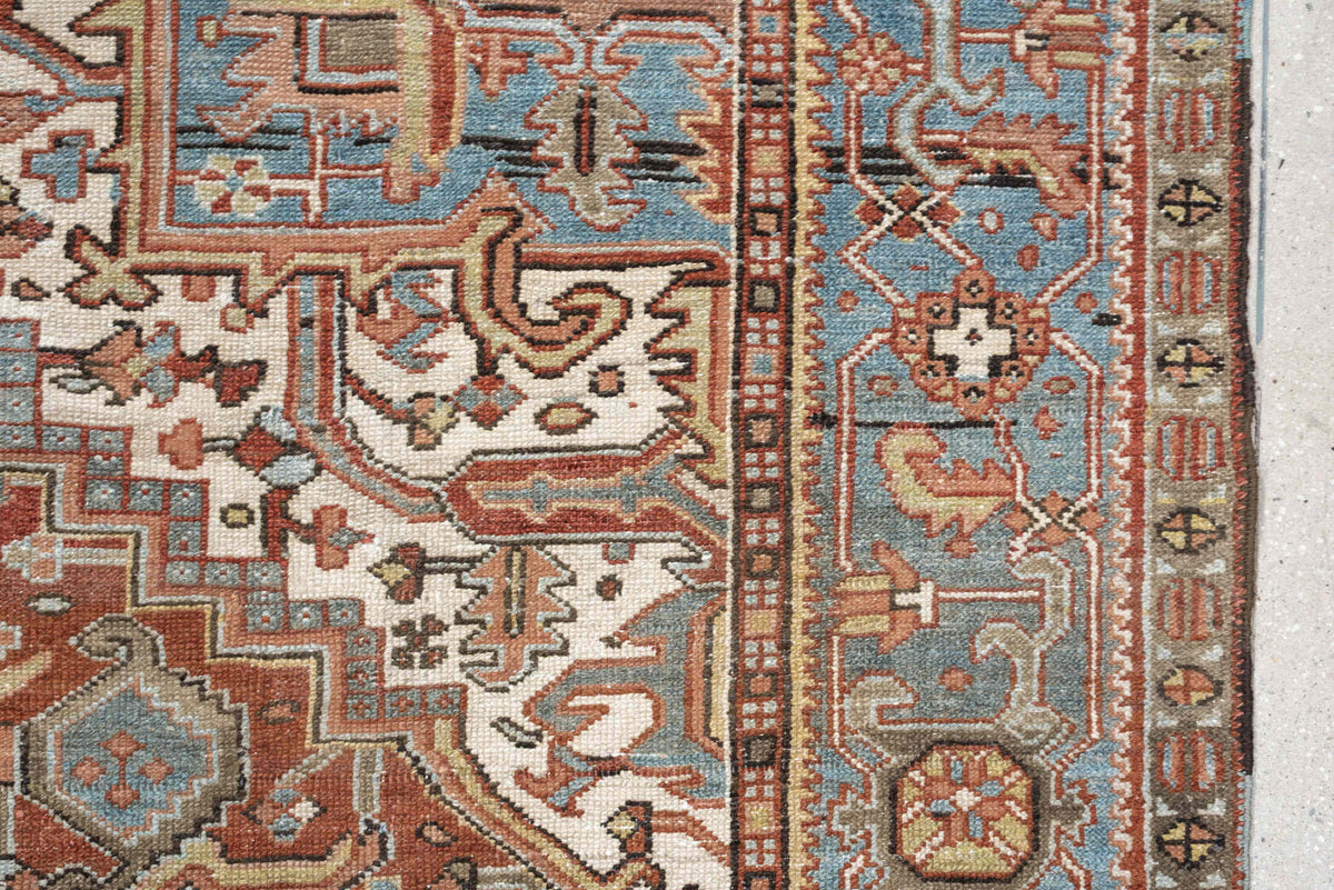 8' x 11' one-of-a-kind handmade antique Karaje large size rug. Color palette: sky blue, terracotta, ivory, rust, dusty rose