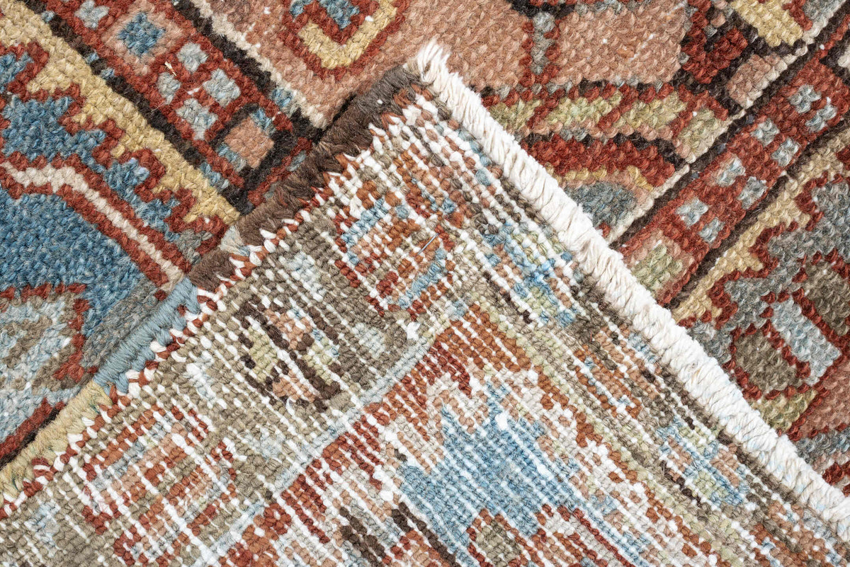 8' x 11' one-of-a-kind handmade antique Karaje large size rug. Color palette: sky blue, terracotta, ivory, rust, dusty rose