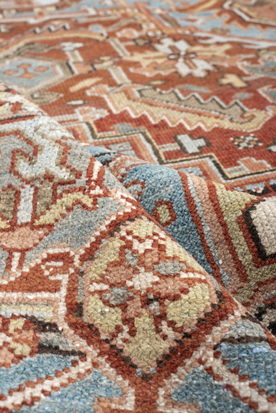 8' x 11' one-of-a-kind handmade antique Karaje large size rug. Color palette: sky blue, terracotta, ivory, rust, dusty rose