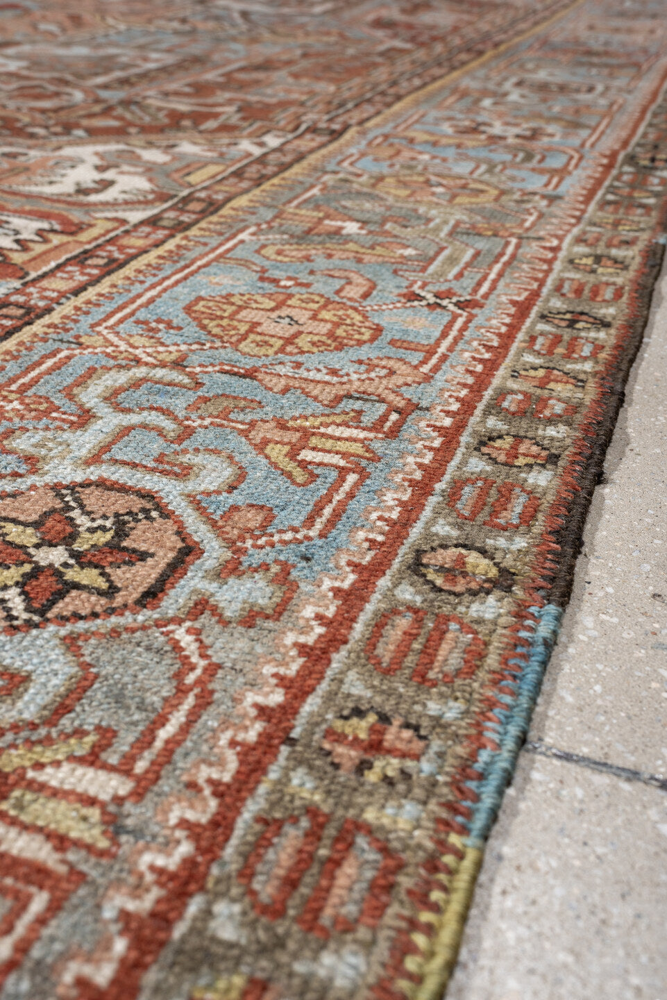 8' x 11' one-of-a-kind handmade antique Karaje large size rug. Color palette: sky blue, terracotta, ivory, rust, dusty rose