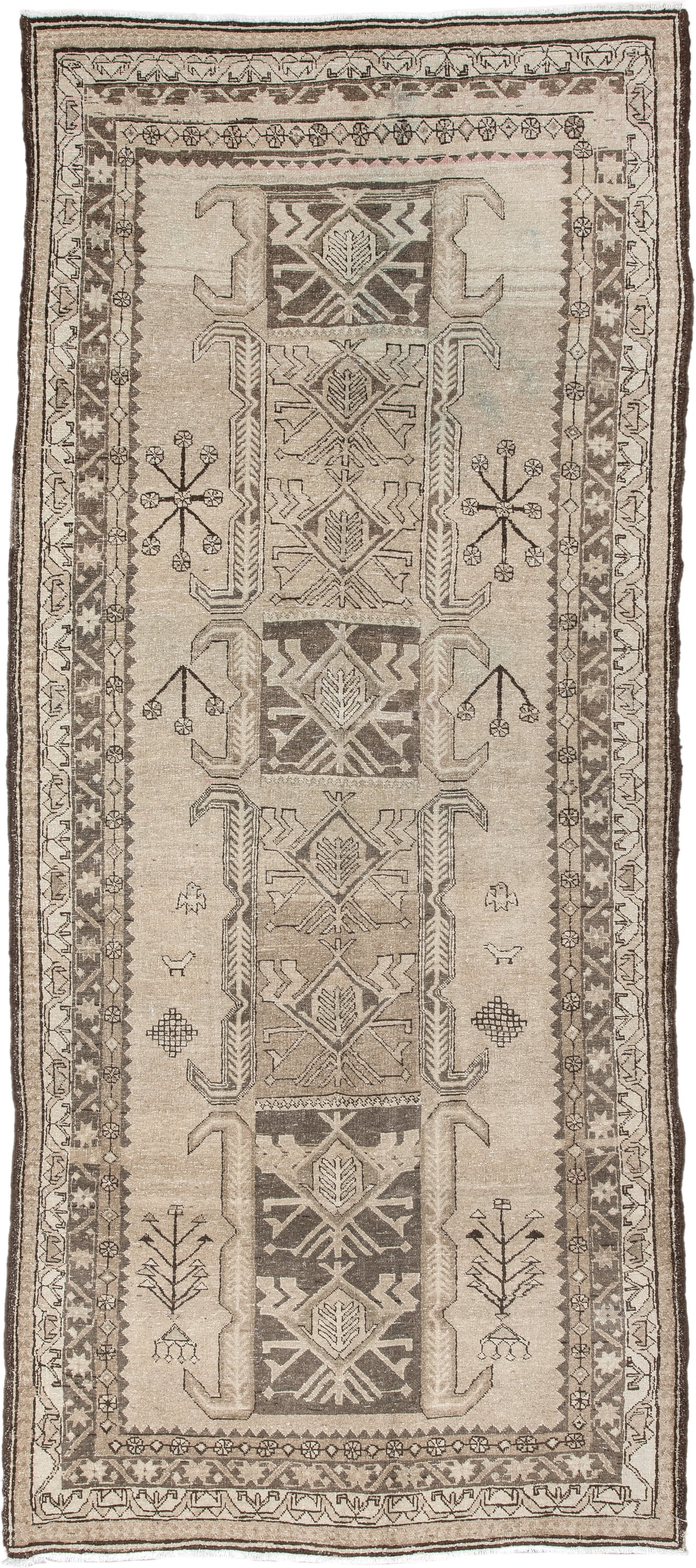 4' x 10' one-of-a-kind handmade antique Saraband runner rug. Color palette: ivory, taupe, brown, camel, charcoal, beige