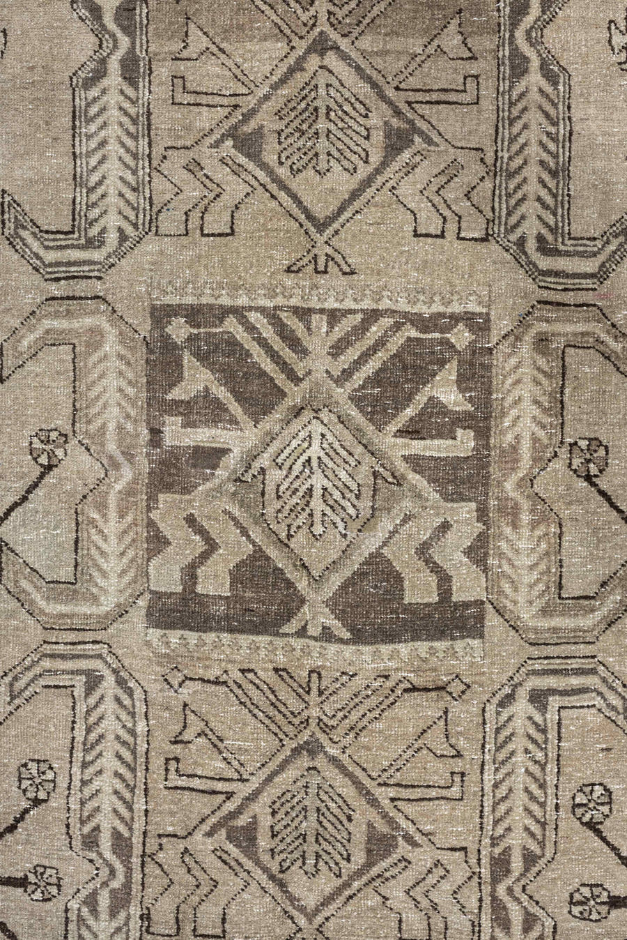 4' x 10' one-of-a-kind handmade antique Saraband runner rug. Color palette: ivory, taupe, brown, camel, charcoal, beige