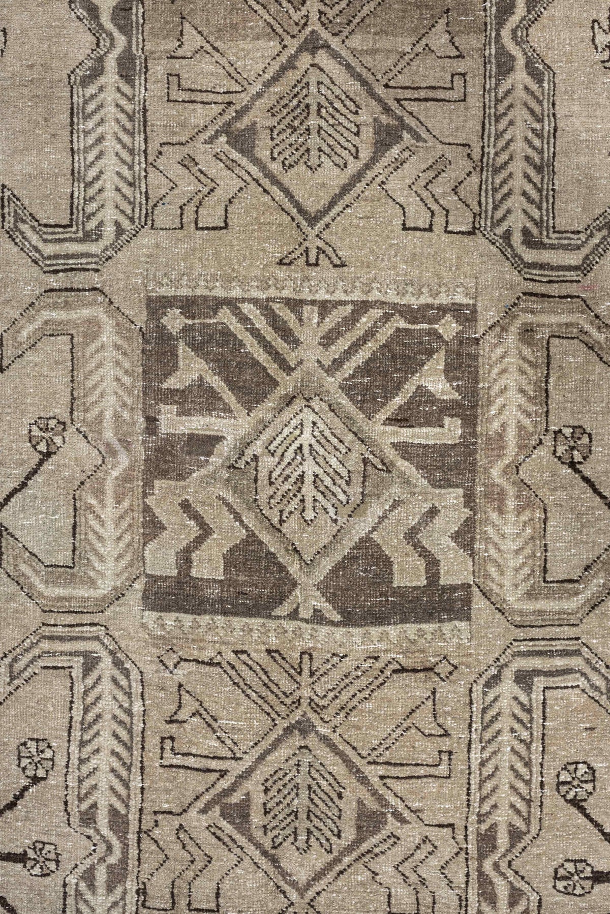 4' x 10' one-of-a-kind handmade antique Saraband runner rug. Color palette: ivory, taupe, brown, camel, charcoal, beige