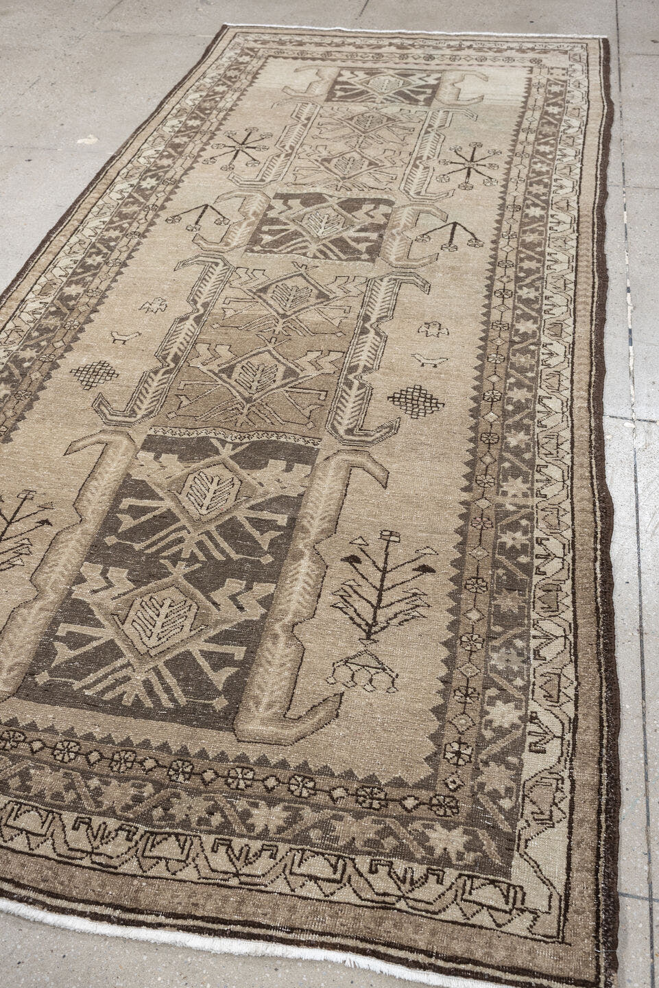 4' x 10' one-of-a-kind handmade antique Saraband runner rug. Color palette: ivory, taupe, brown, camel, charcoal, beige