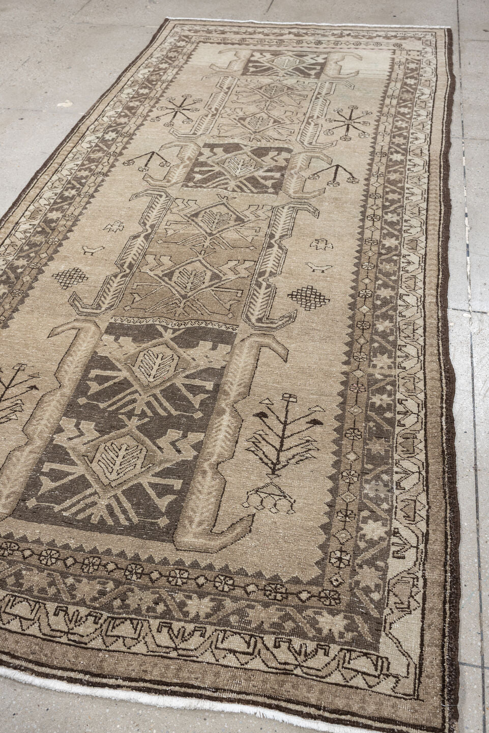 4' x 10' one-of-a-kind handmade antique Saraband runner rug. Color palette: ivory, taupe, brown, camel, charcoal, beige