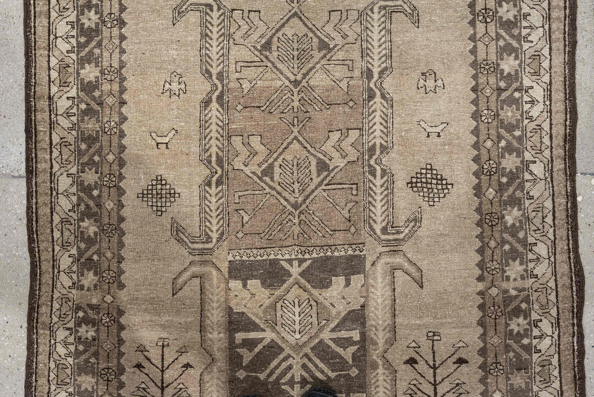 4' x 10' one-of-a-kind handmade antique Saraband runner rug. Color palette: ivory, taupe, brown, camel, charcoal, beige