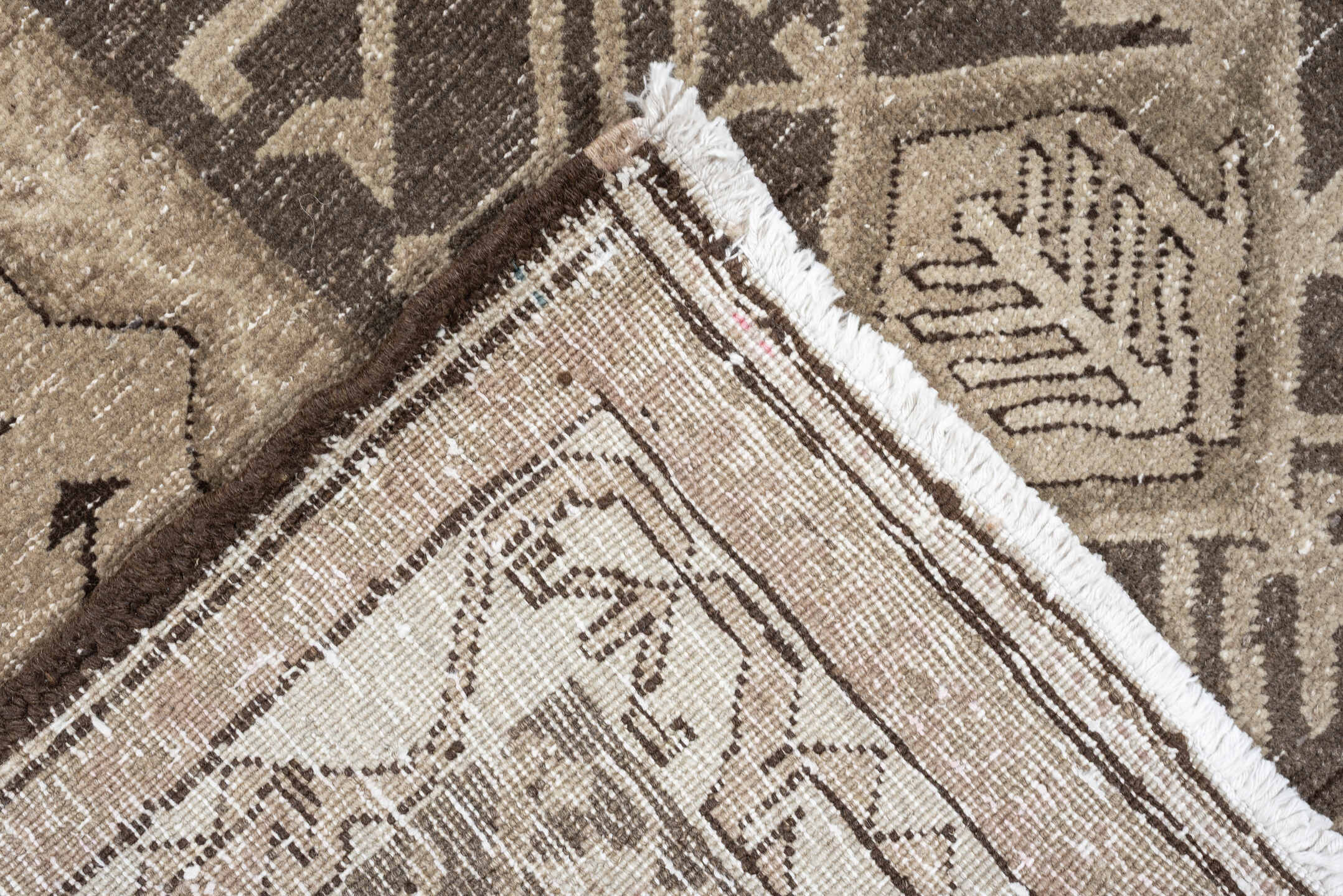 4' x 10' one-of-a-kind handmade antique Saraband runner rug. Color palette: ivory, taupe, brown, camel, charcoal, beige