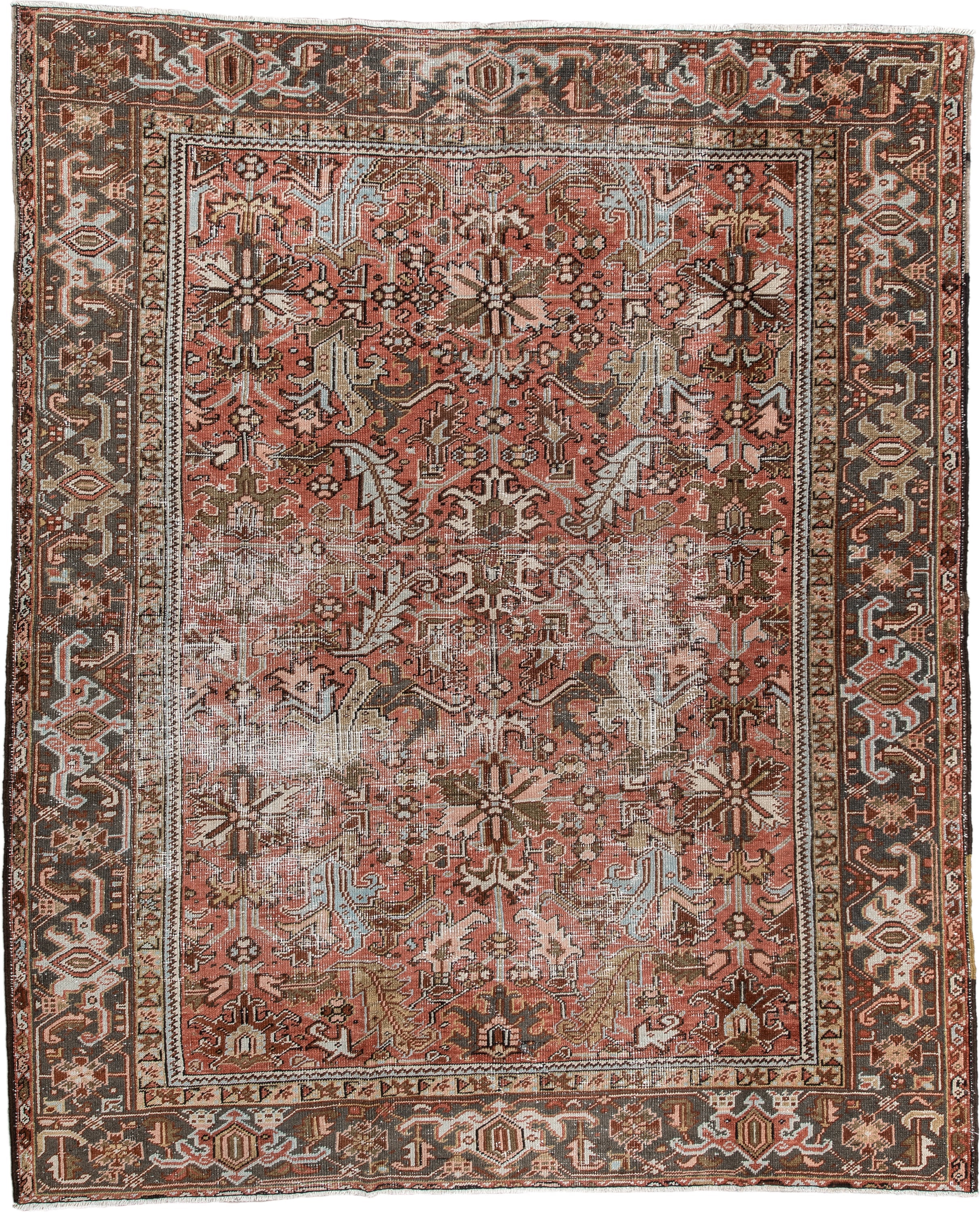 6' x 8' one-of-a-kind handmade antique Heriz rug. Color palette: terracotta, charcoal, ivory, rust, olive, light blue, camel