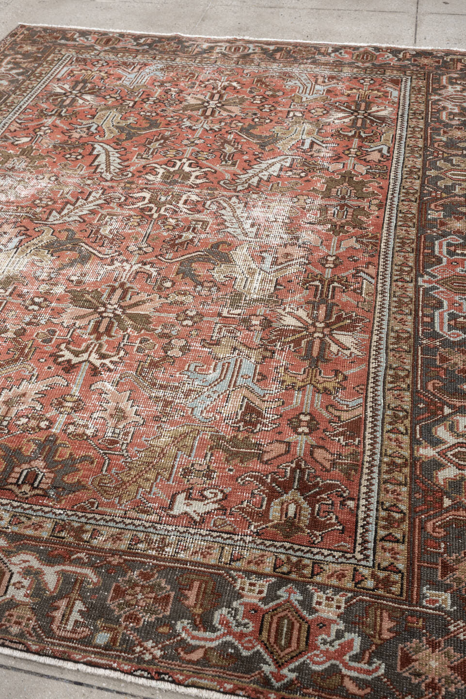 6' x 8' one-of-a-kind handmade antique Heriz rug. Color palette: terracotta, charcoal, ivory, rust, olive, light blue, camel