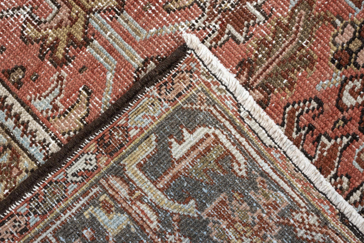 6' x 8' one-of-a-kind handmade antique Heriz rug. Color palette: terracotta, charcoal, ivory, rust, olive, light blue, camel