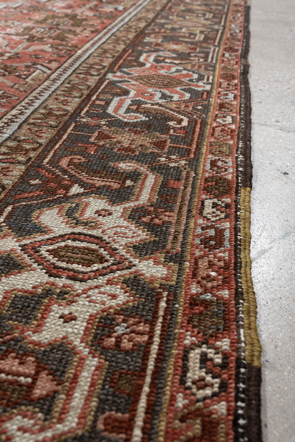 6' x 8' one-of-a-kind handmade antique Heriz rug. Color palette: terracotta, charcoal, ivory, rust, olive, light blue, camel