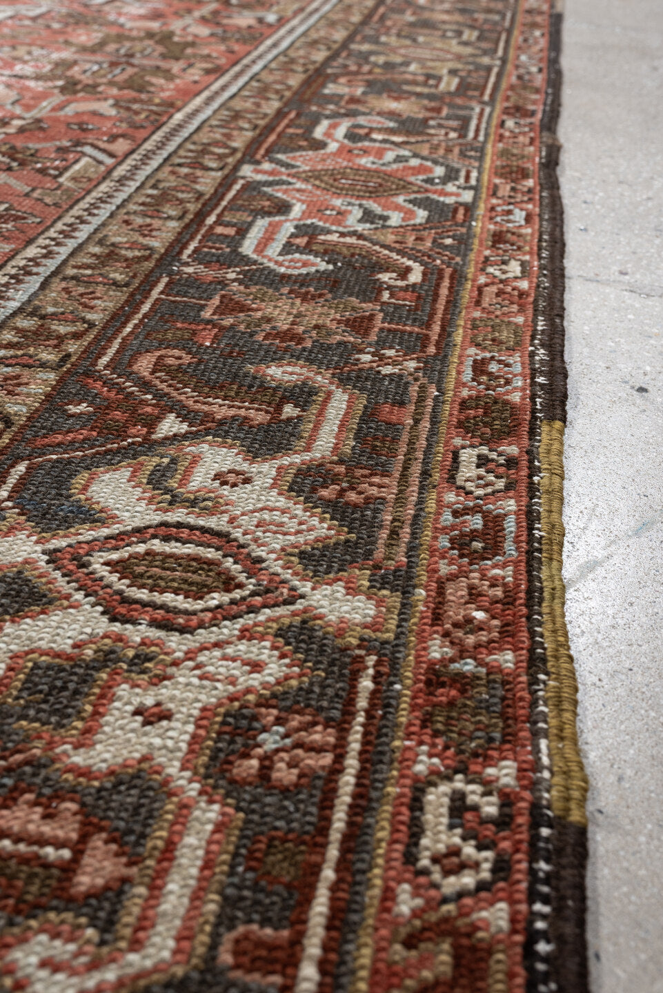 6' x 8' one-of-a-kind handmade antique Heriz rug. Color palette: terracotta, charcoal, ivory, rust, olive, light blue, camel