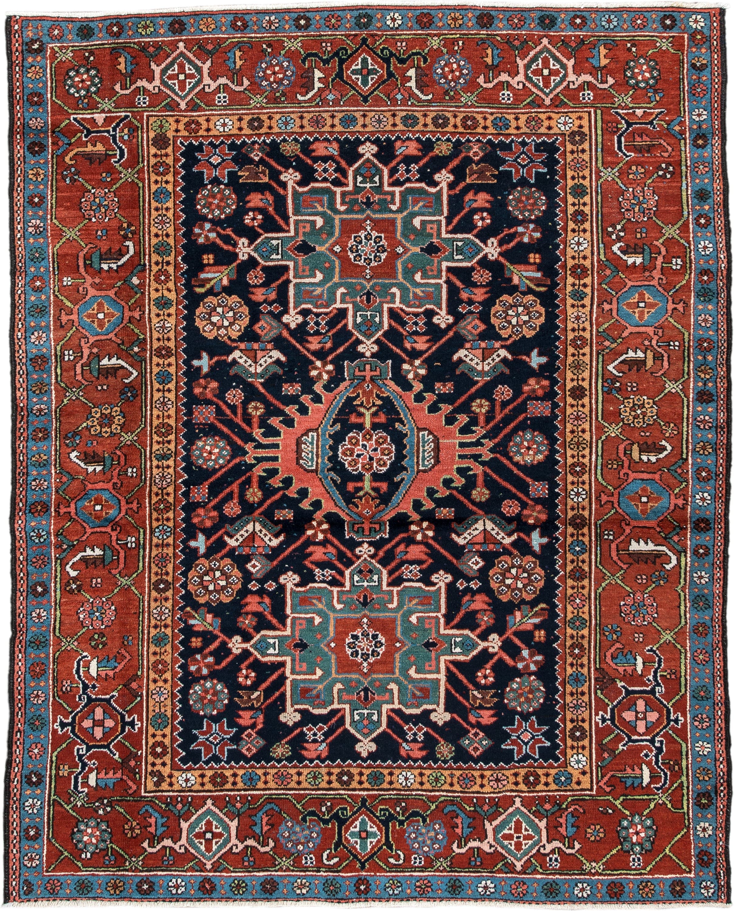 4' x 6' one-of-a-kind handmade antique Karaje rug. Color palette: rust, navy, sky blue, ivory, coral, camel, sage, charcoal