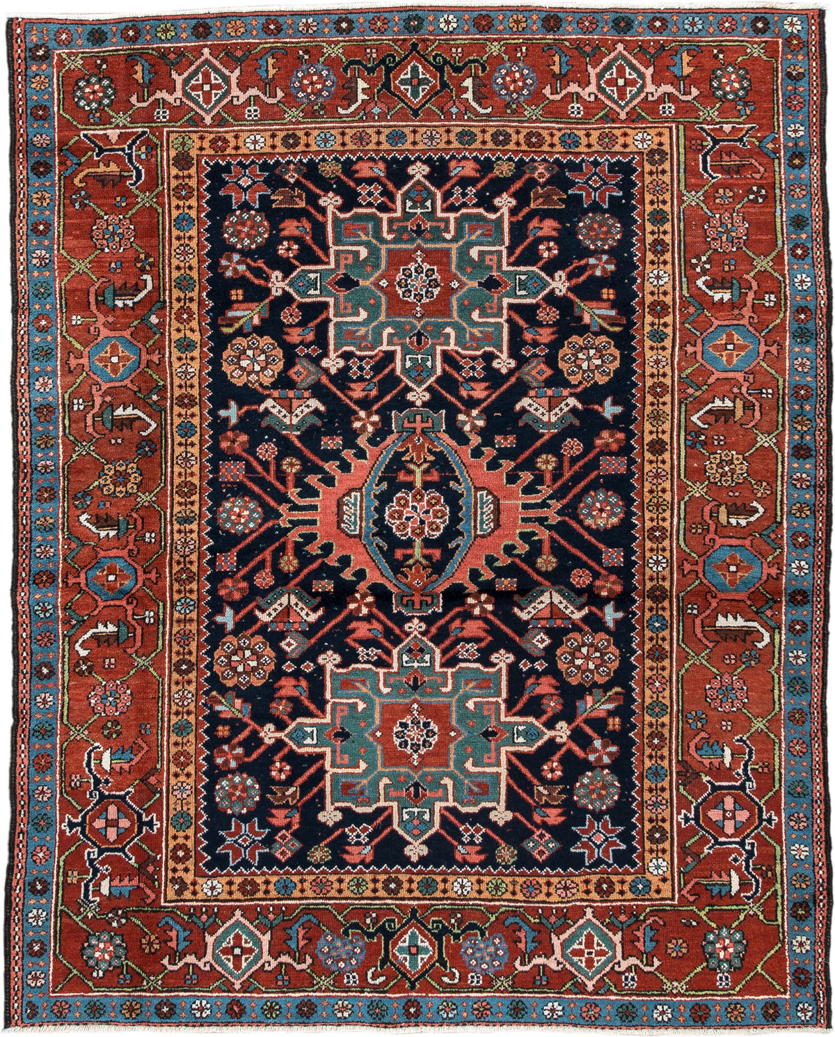 4' x 6' one-of-a-kind handmade antique Karaje rug. Color palette: rust, navy, sky blue, ivory, coral, camel, sage, charcoal