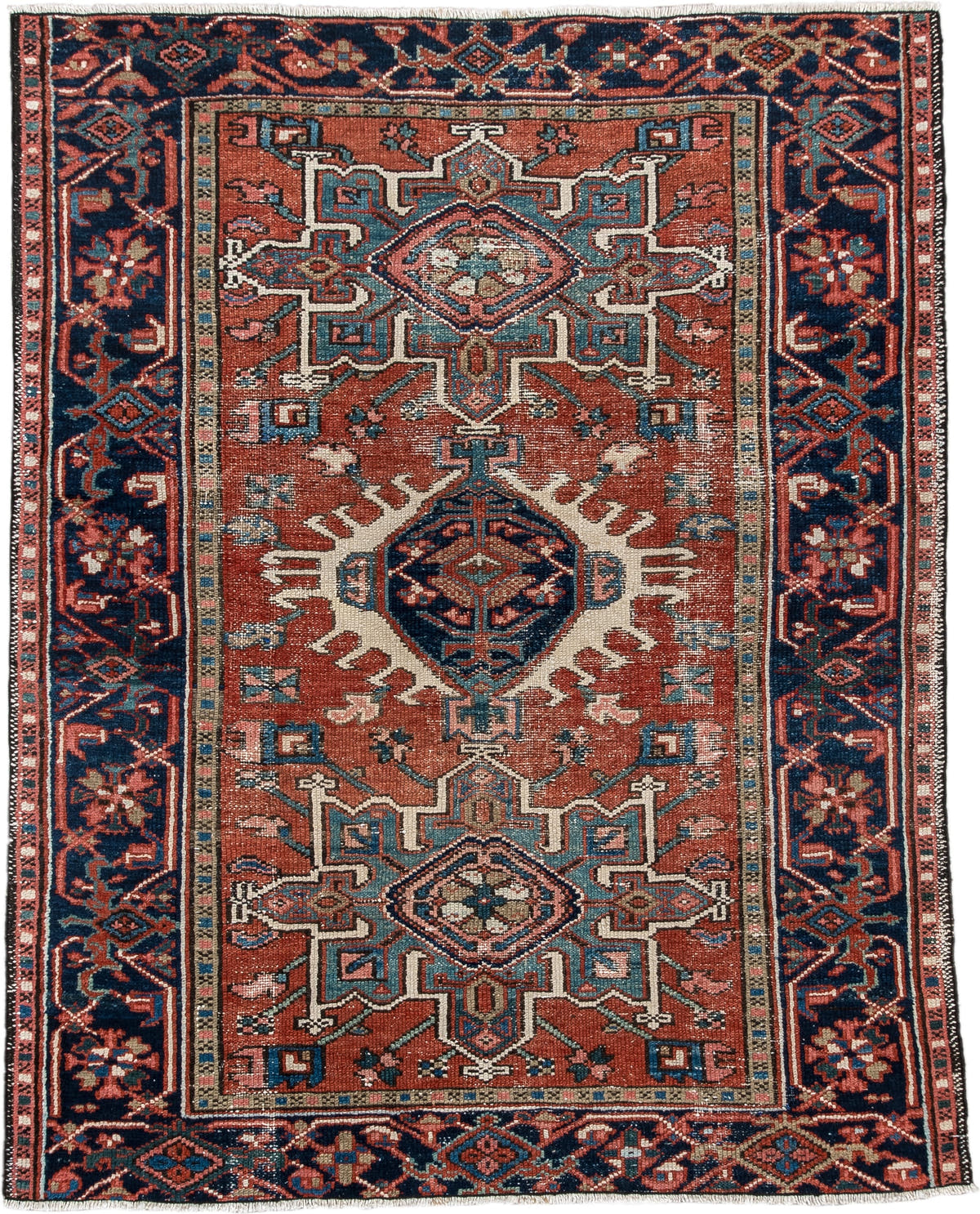 3' x 4' one-of-a-kind handmade antique Karaje small size rug. Color palette: terracotta, navy, ivory, light blue, rust