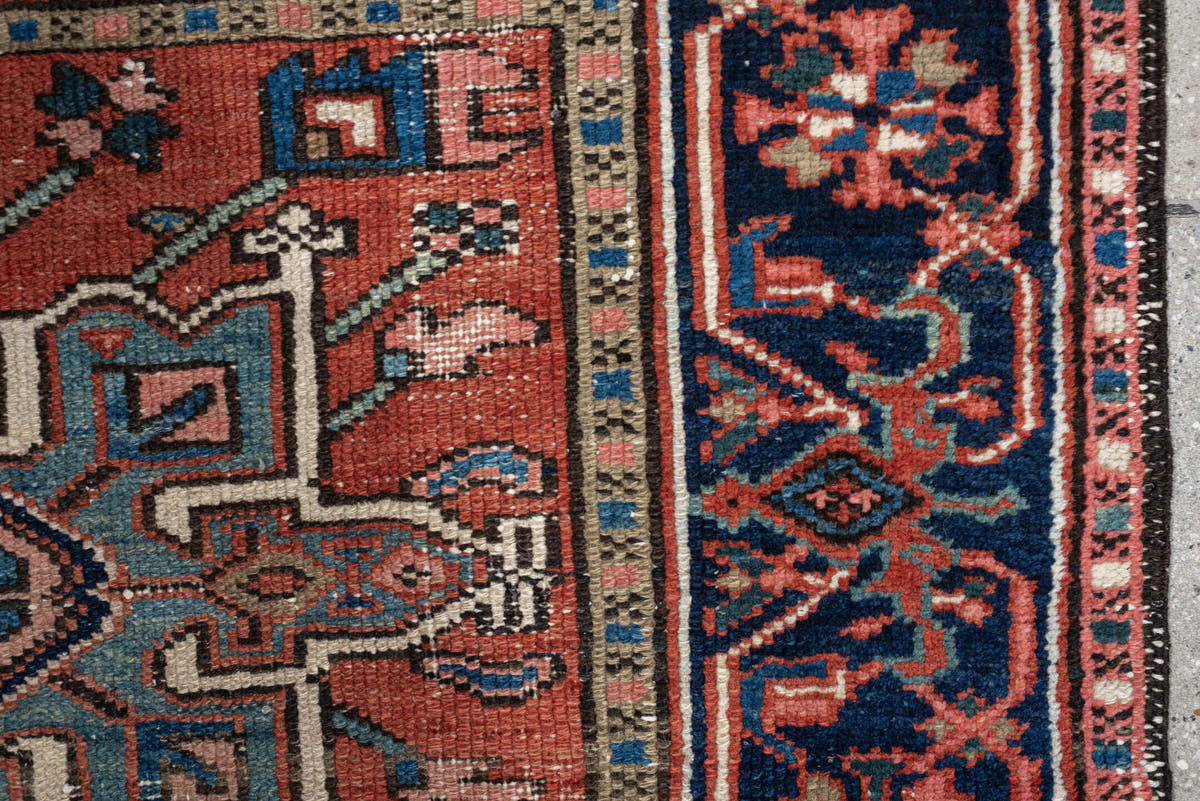 3' x 4' one-of-a-kind handmade antique Karaje small size rug. Color palette: terracotta, navy, ivory, light blue, rust