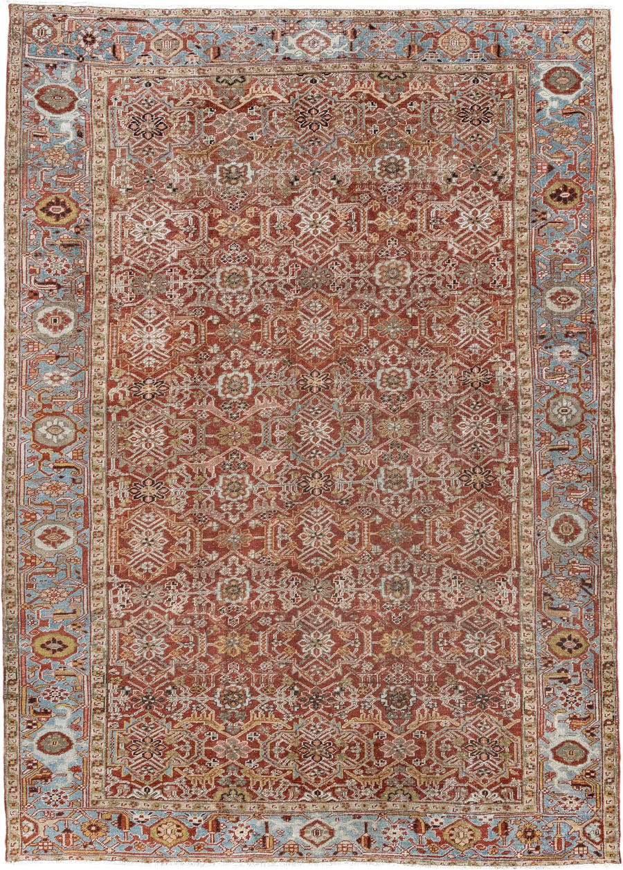 8' x 11' one-of-a-kind handmade antique Heriz large size rug. Color palette: rust, powder blue, ivory, terracotta, taupe