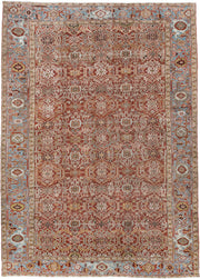 8' x 11' one-of-a-kind handmade antique Heriz large size rug. Color palette: rust, powder blue, ivory, terracotta, taupe