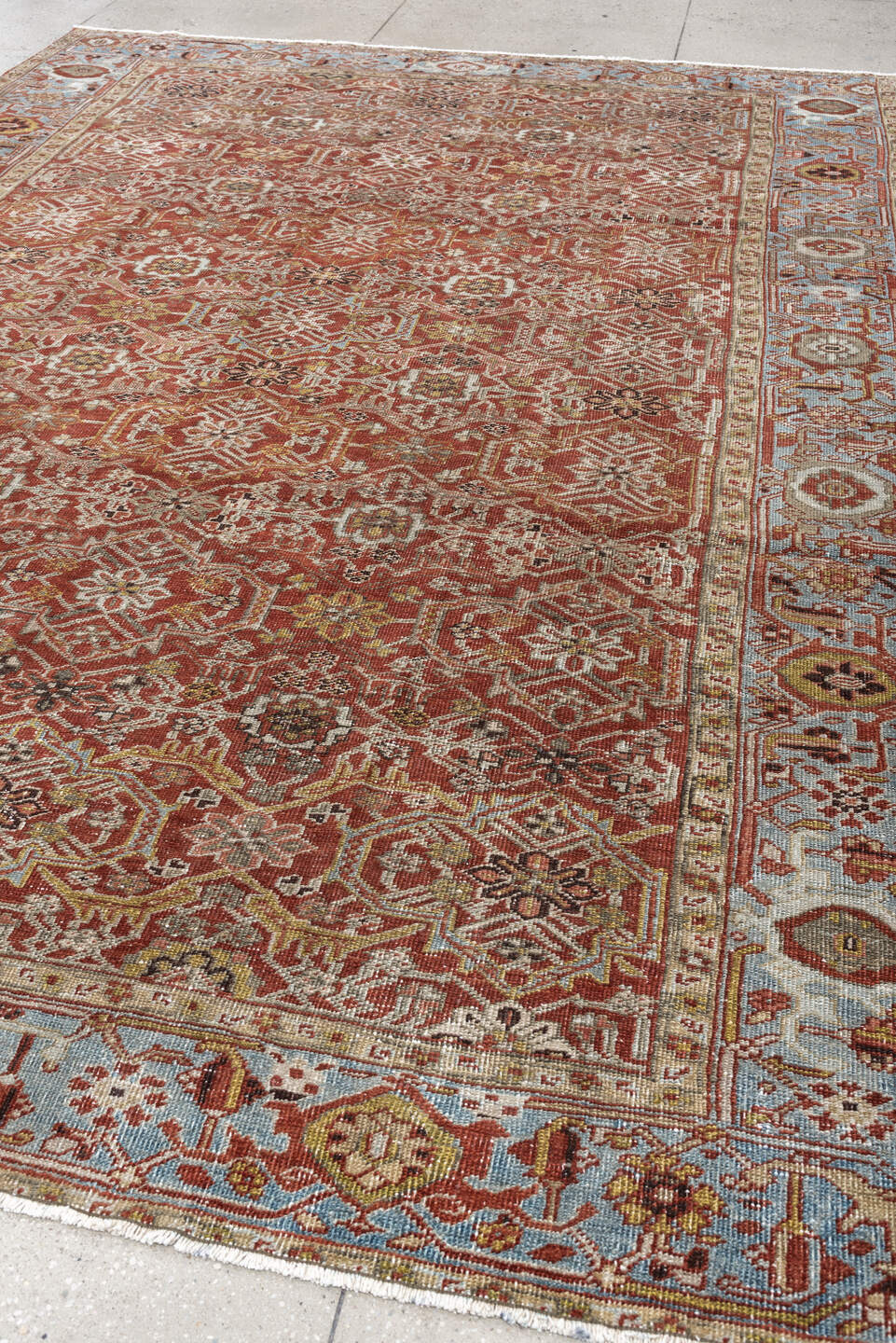 8' x 11' one-of-a-kind handmade antique Heriz large size rug. Color palette: rust, powder blue, ivory, terracotta, taupe