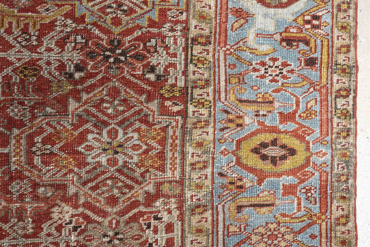 8' x 11' one-of-a-kind handmade antique Heriz large size rug. Color palette: rust, powder blue, ivory, terracotta, taupe