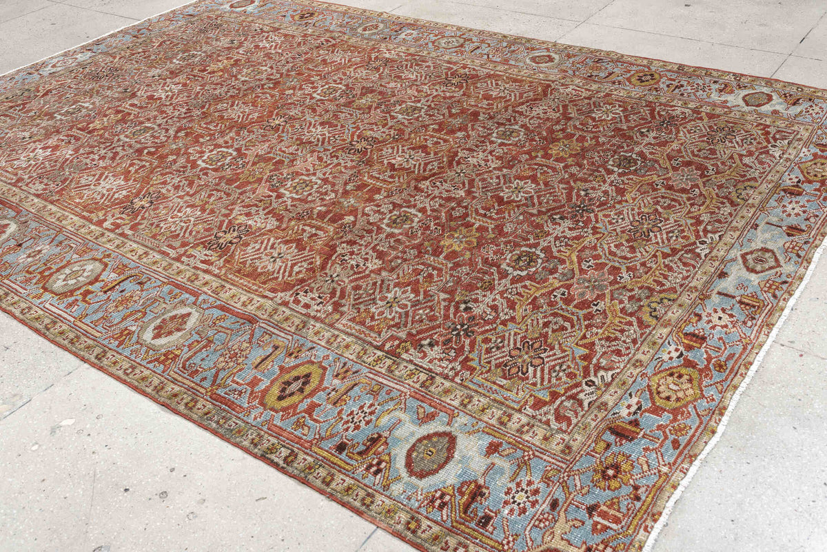 8' x 11' one-of-a-kind handmade antique Heriz large size rug. Color palette: rust, powder blue, ivory, terracotta, taupe