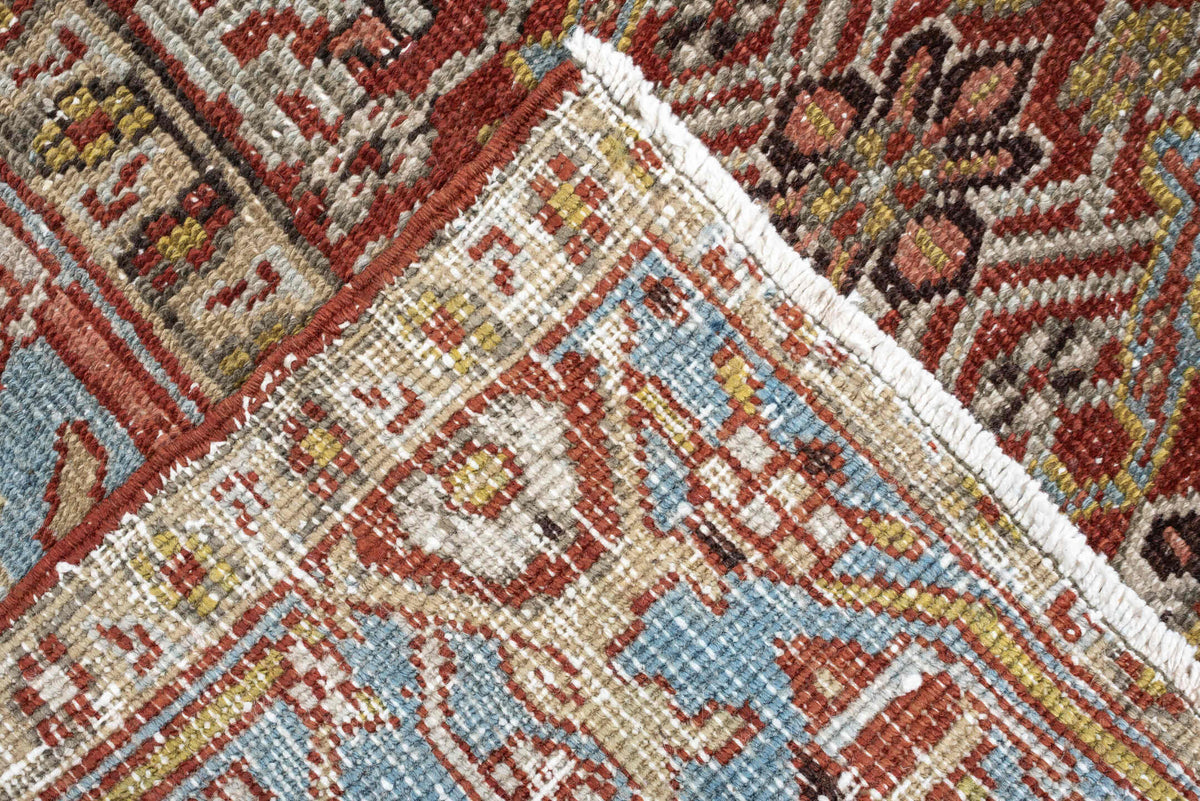 8' x 11' one-of-a-kind handmade antique Heriz large size rug. Color palette: rust, powder blue, ivory, terracotta, taupe
