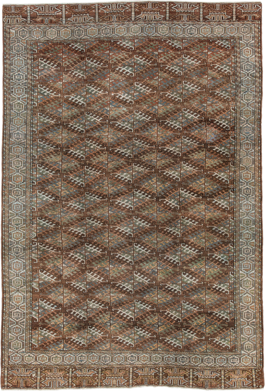 7' x 10' one-of-a-kind handmade antique Yamoud large size rug. Color palette: brown, camel, ivory, muted teal, rust, taupe