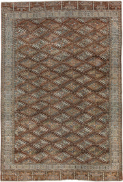 7' x 10' one-of-a-kind handmade antique Yamoud large size rug. Color palette: brown, camel, ivory, muted teal, rust, taupe