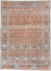 9' x 12' one-of-a-kind handmade antique Baktiary large size rug. Color palette: rust, sky blue, ivory, sage, terracotta