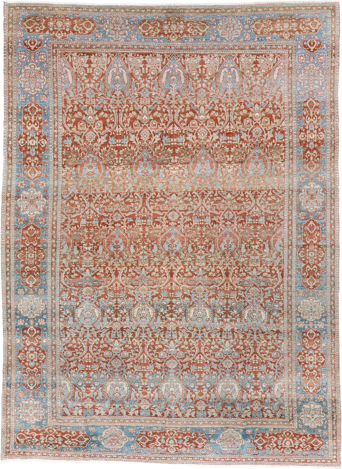 9' x 12' one-of-a-kind handmade antique Baktiary large size rug. Color palette: rust, sky blue, ivory, sage, terracotta