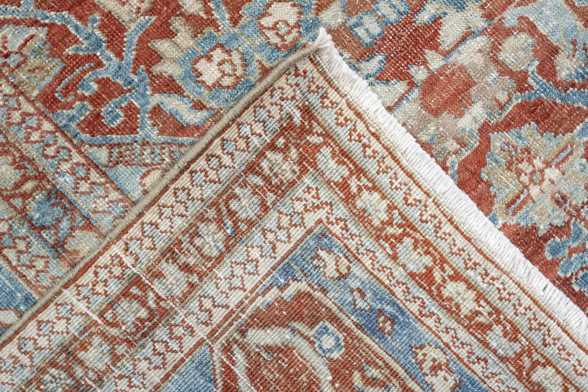 9' x 12' one-of-a-kind handmade antique Baktiary large size rug. Color palette: rust, sky blue, ivory, sage, terracotta