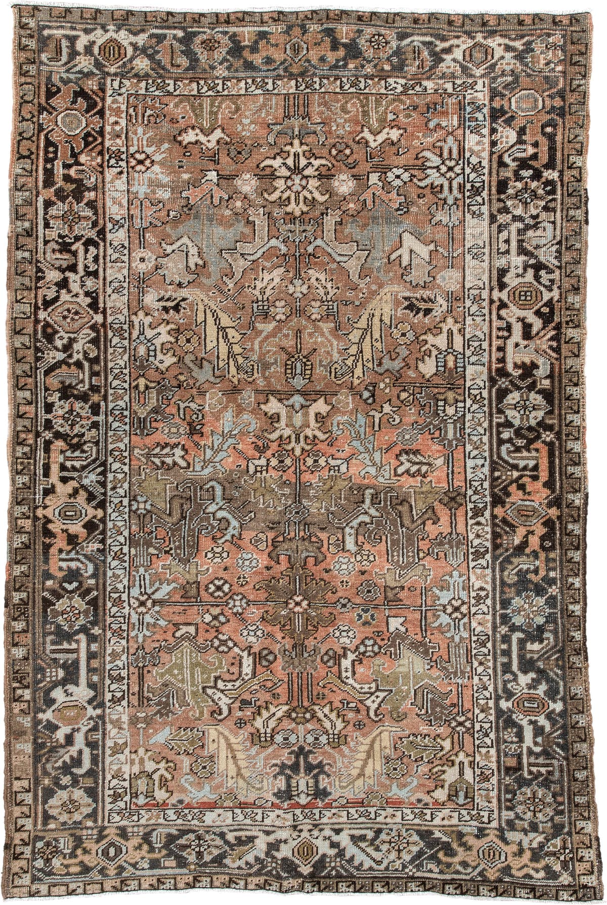 5' x 8' one-of-a-kind handmade antique Heriz medium size rug. Color palette: terra cotta, charcoal, ivory, olive, camel