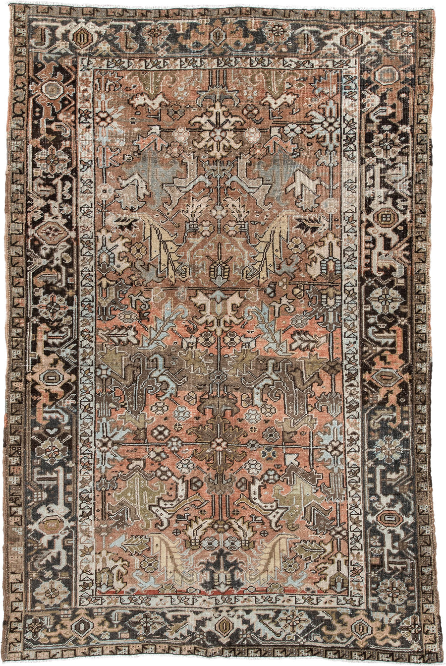 5' x 8' one-of-a-kind handmade antique Heriz medium size rug. Color palette: terra cotta, charcoal, ivory, olive, camel
