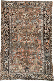 5' x 8' one-of-a-kind handmade antique Heriz medium size rug. Color palette: terra cotta, charcoal, ivory, olive, camel