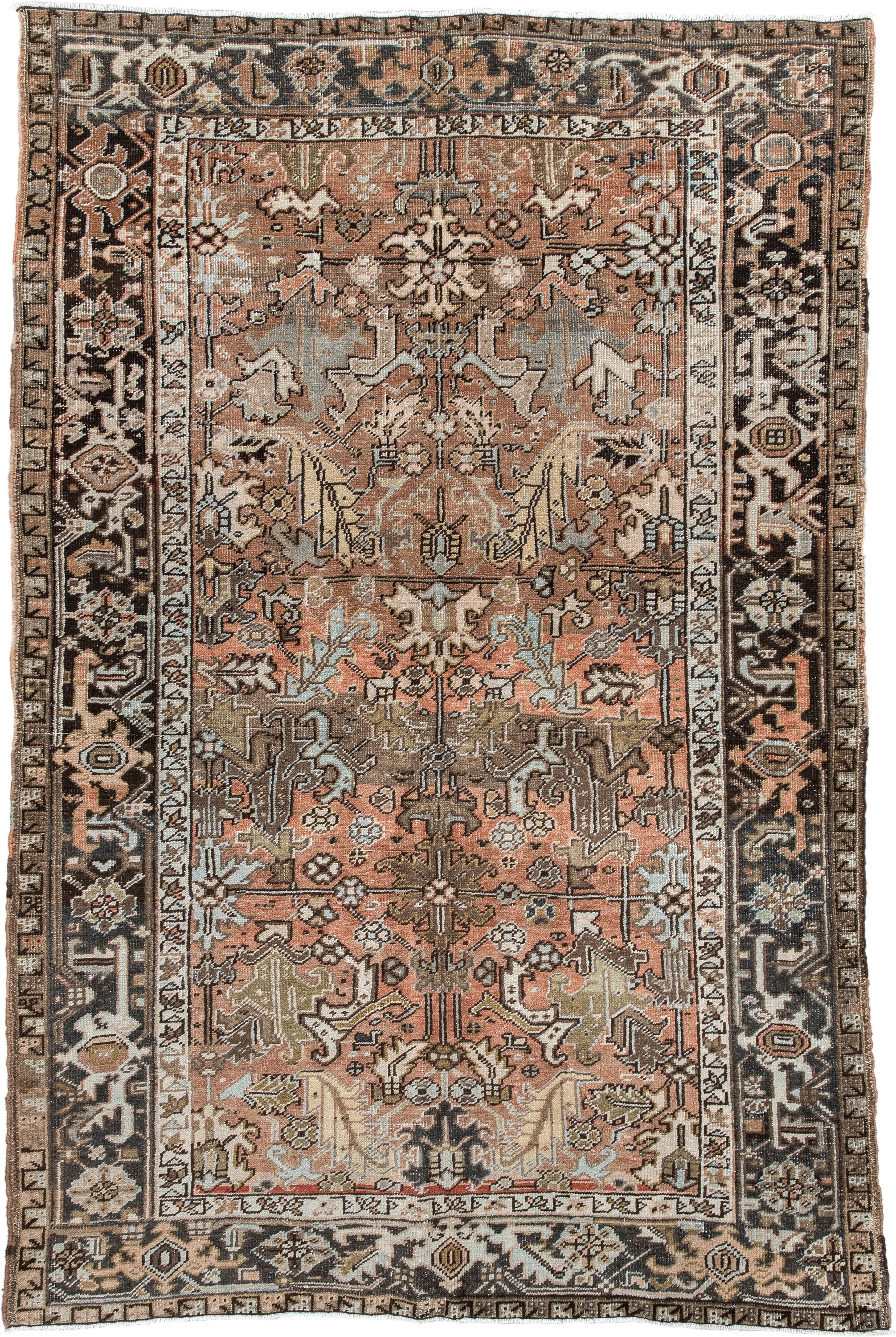 5' x 8' one-of-a-kind handmade antique Heriz medium size rug. Color palette: terra cotta, charcoal, ivory, olive, camel