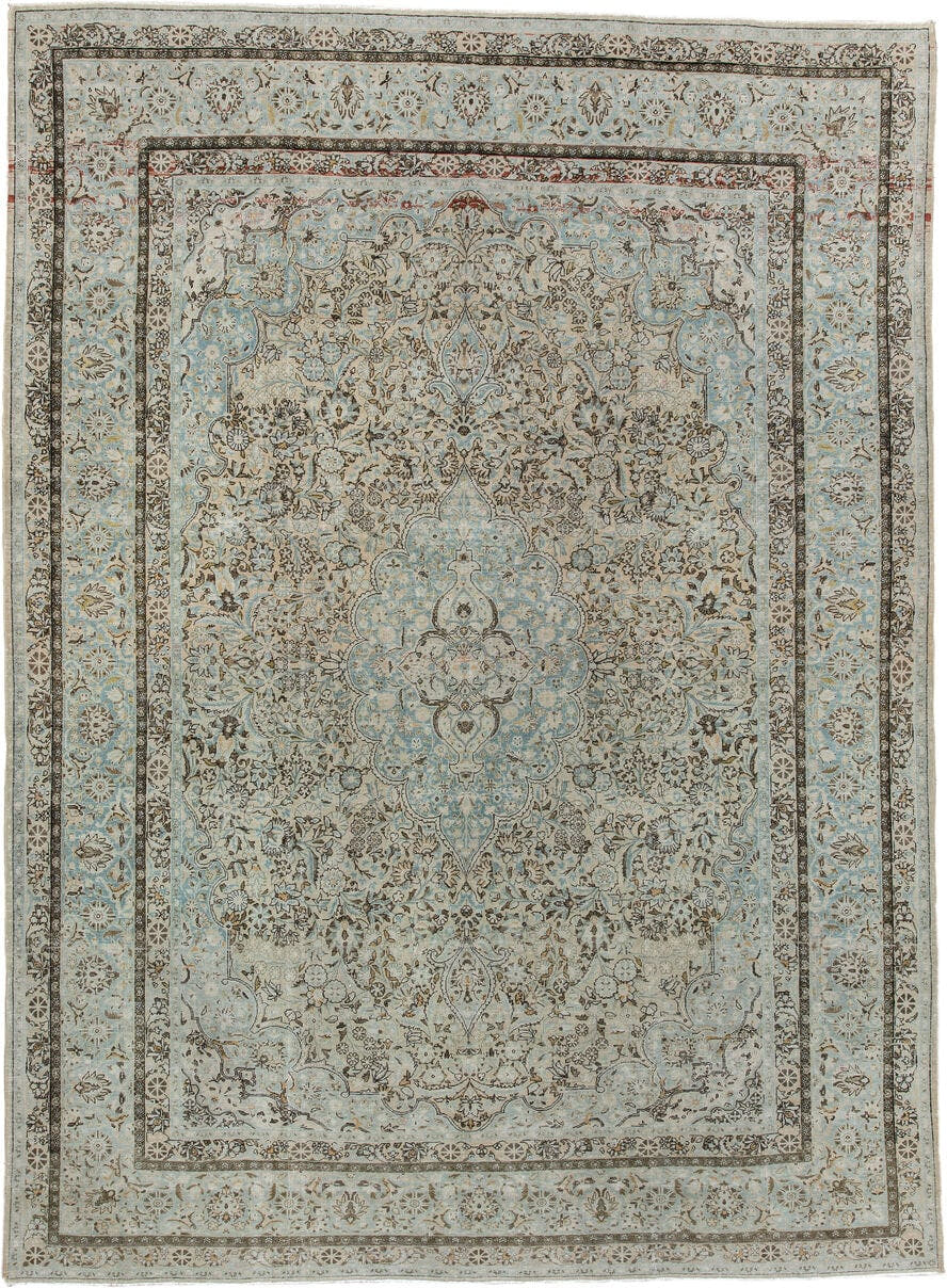 7' x 10' one-of-a-kind handmade antique Kashan large size rug. Color palette: pale blue, ivory, taupe, brown, camel, slate